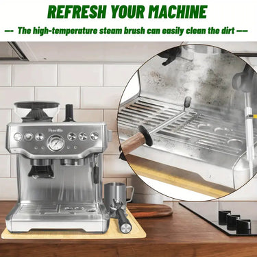 Espresso machine with high-temperature steam brush cleaning it, on a kitchen counter.